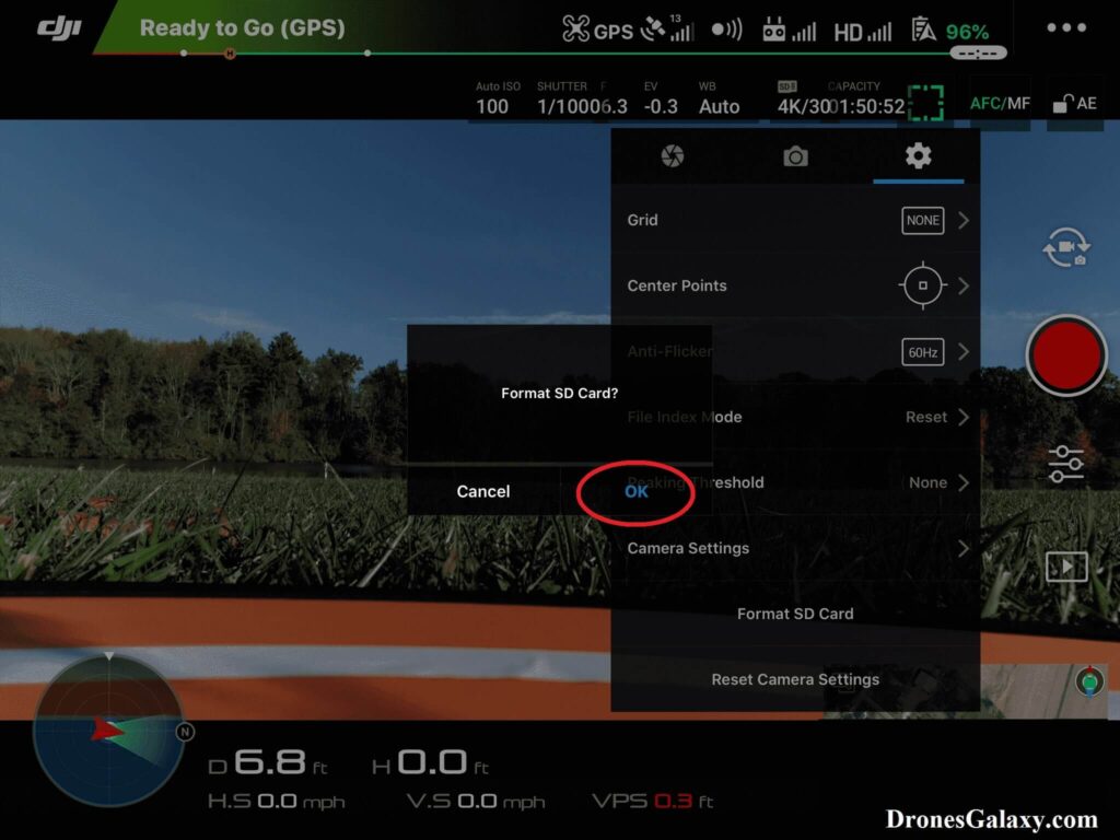 DJI GO 4 Format SD Card Confirm Screen