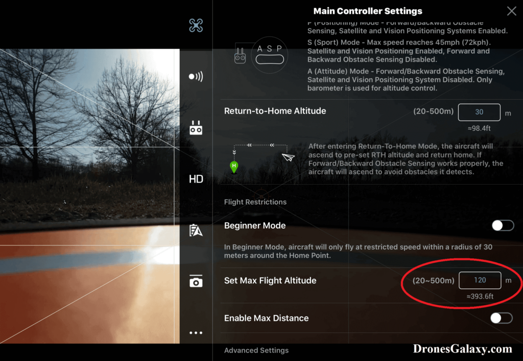 DJI GO 4 Set Max Flight Altitude Screen
