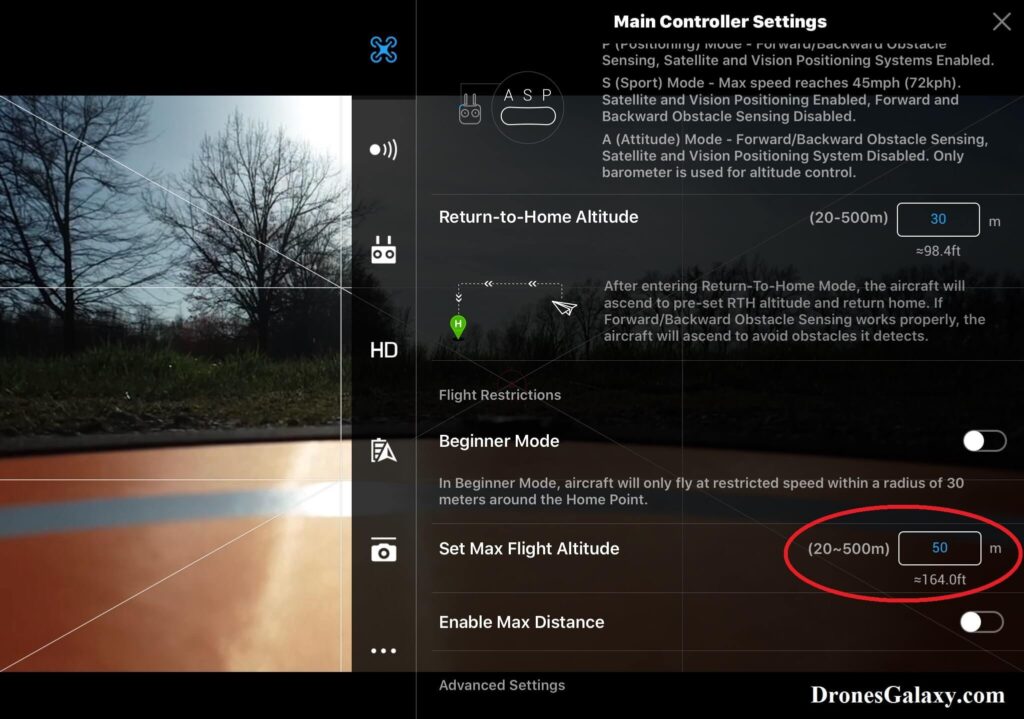DJI GO Updated Max Flight Altitude Screen