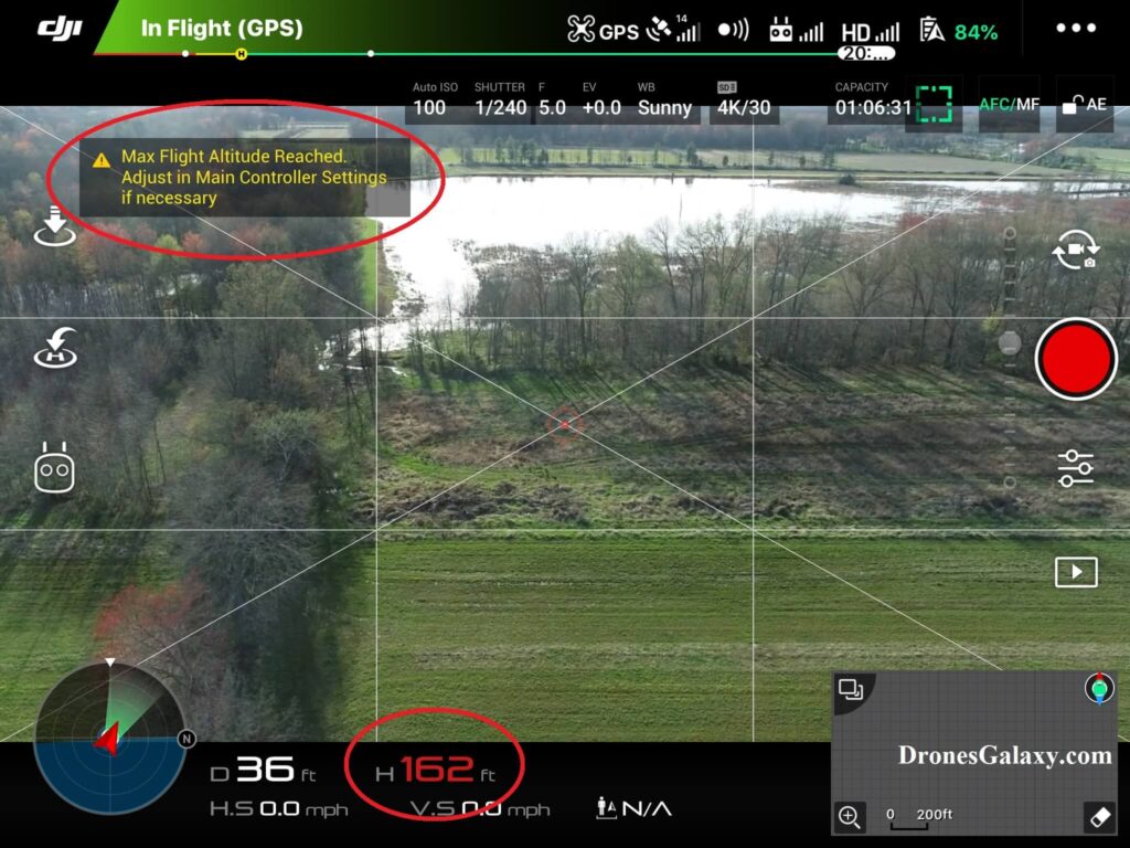 DJI GO 4 Main Screen Max Flight Altitude Reached