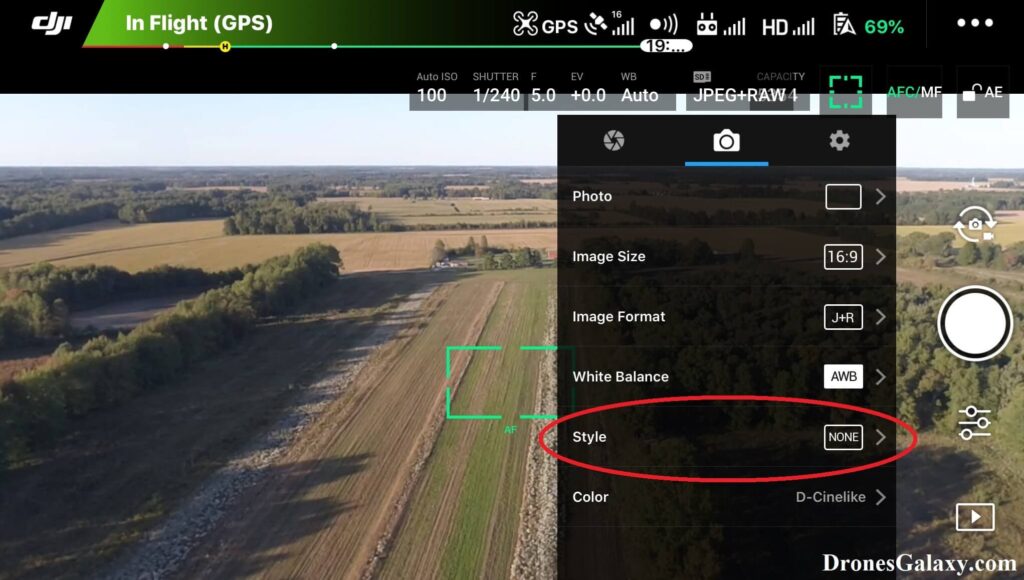 DJI GO 4 Camera Settings Screen